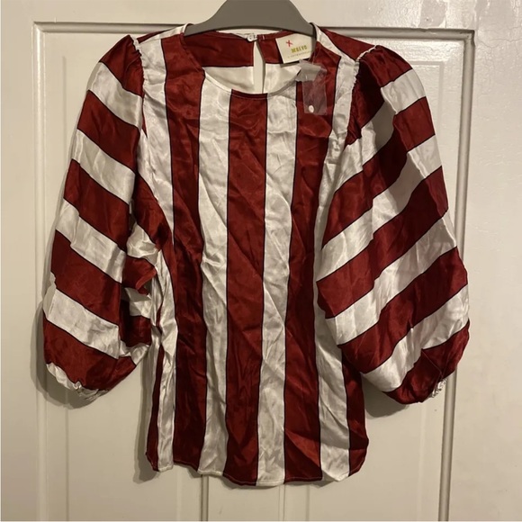 Anthropologie Tops - Anthropologie Maeve Maria Balloon Sleeve Striped Satin Blouse Red White 0 New